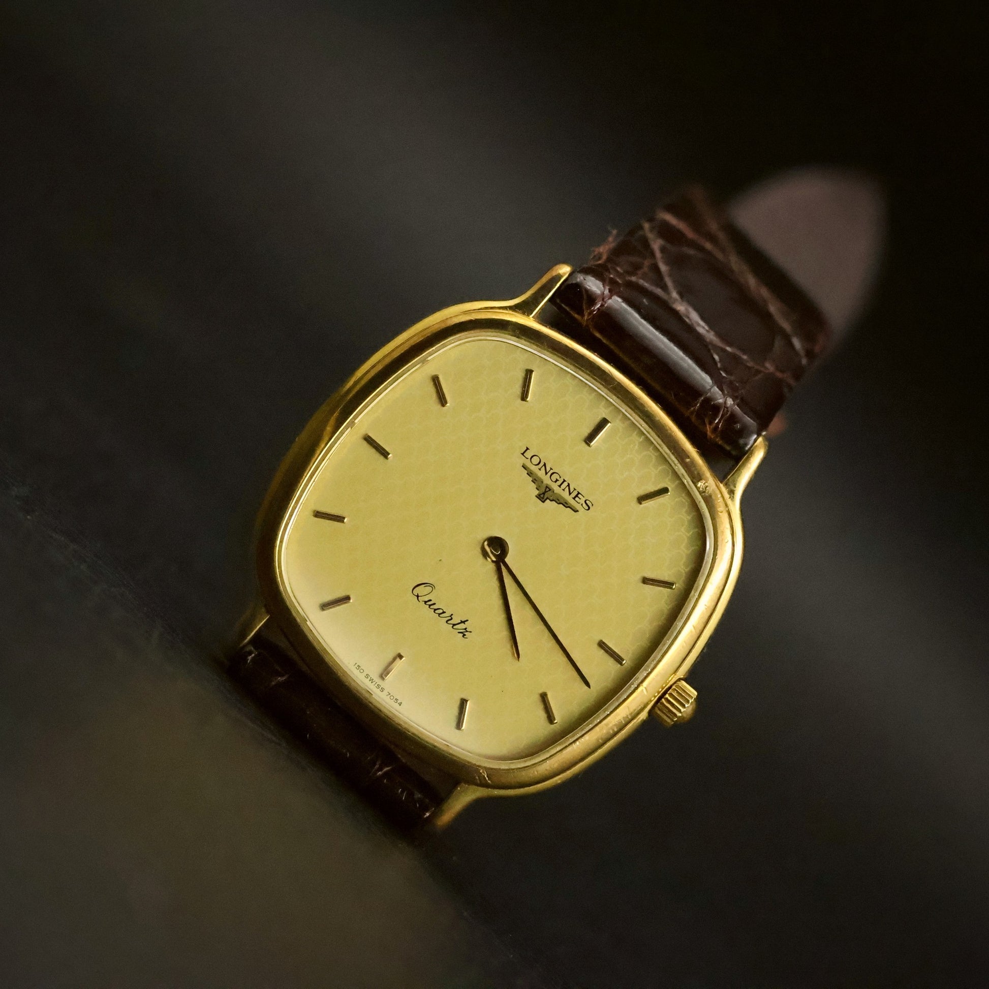 Longines Quartz | Champagne Guilloche Dial | Gold Cushion Case | Ultra-Thin, view 4