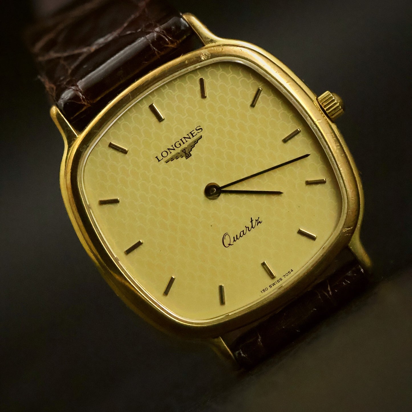 Longines Quartz | Champagne Guilloche Dial | Gold Cushion Case | Ultra-Thin, view 2