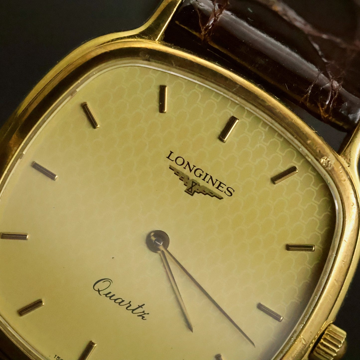 Longines Quartz | Champagne Guilloche Dial | Gold Cushion Case | Ultra-Thin, view 6