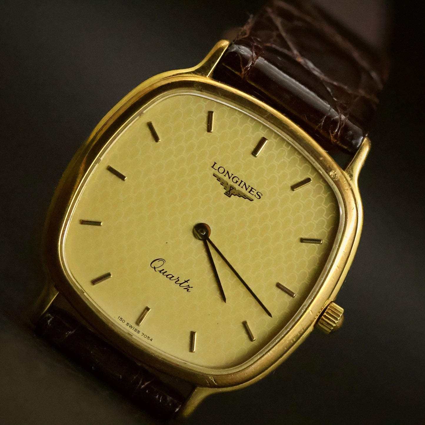 Longines Quartz | Champagne Guilloche Dial | Gold Cushion Case | Ultra-Thin, view 5