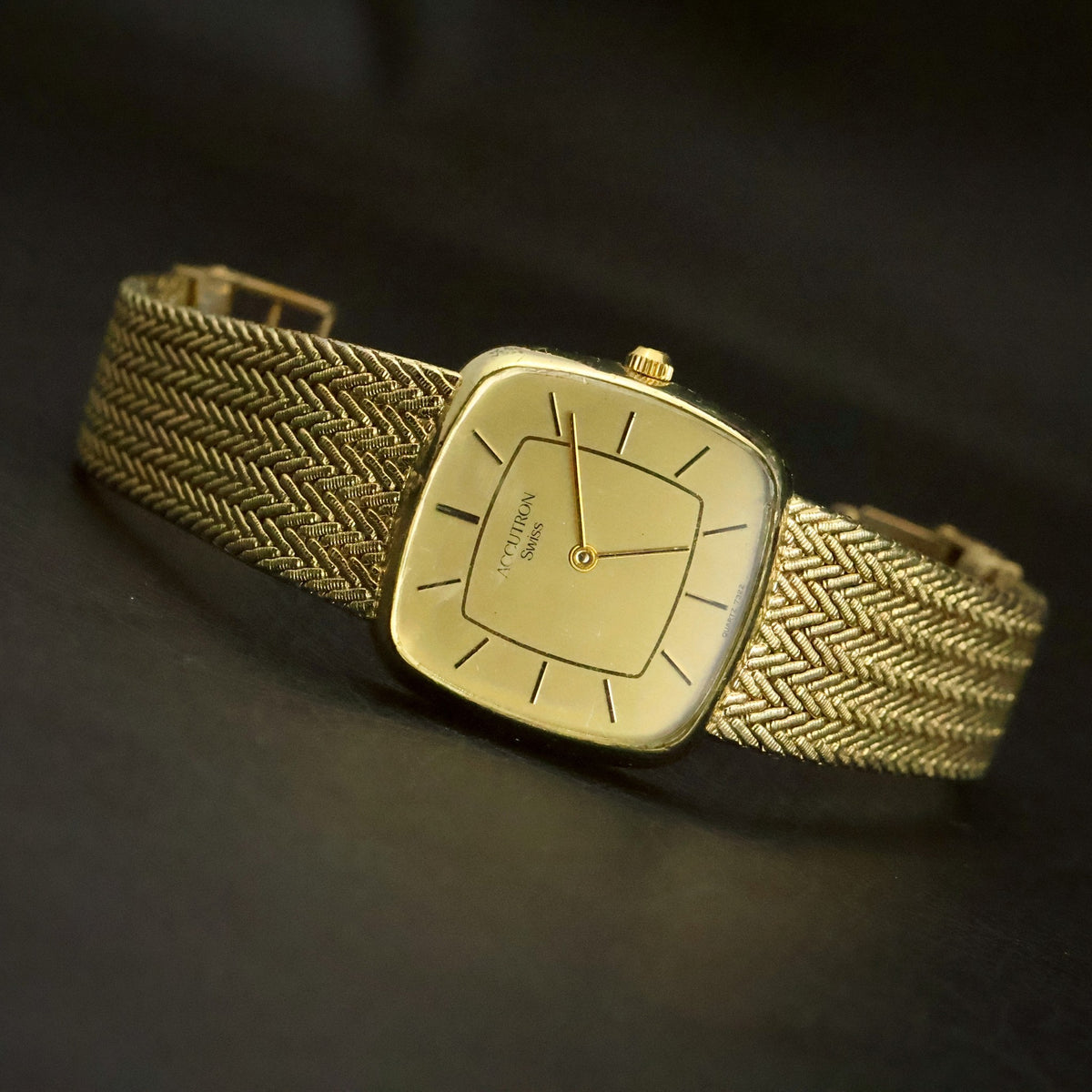 Accutron Swiss | Champagne Dial | Gold-Tone Cushion | Woven Mesh Bracelet, view 1