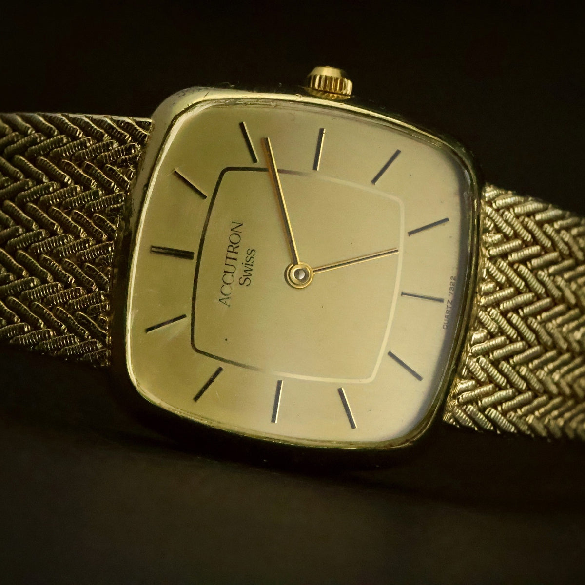 Accutron Swiss | Champagne Dial | Gold-Tone Cushion | Woven Mesh Bracelet, view 2