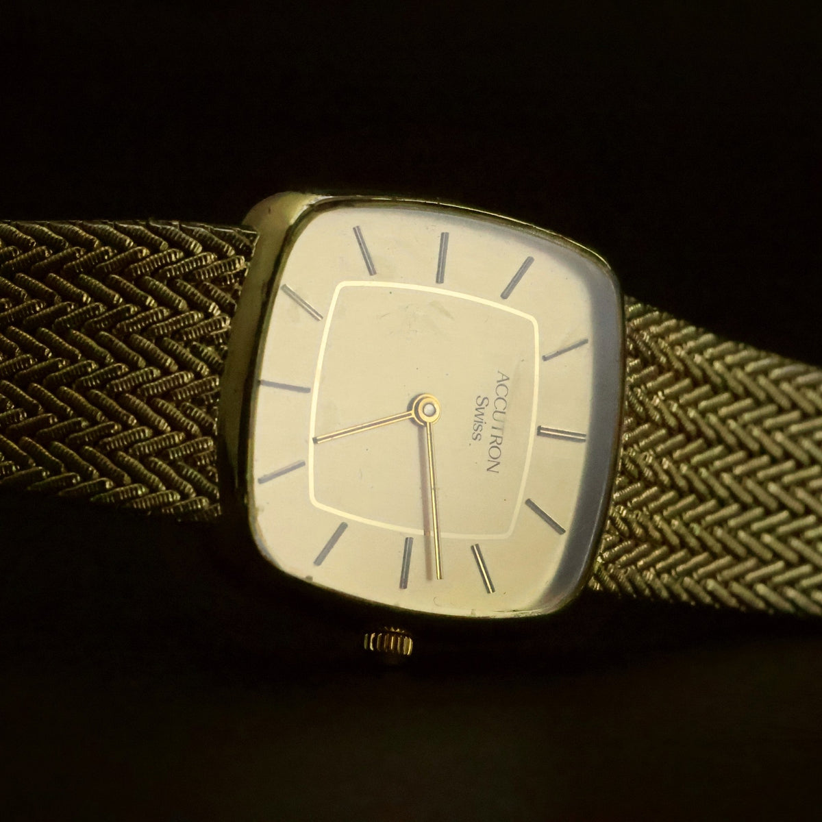 Accutron Swiss | Champagne Dial | Gold-Tone Cushion | Woven Mesh Bracelet, view 14
