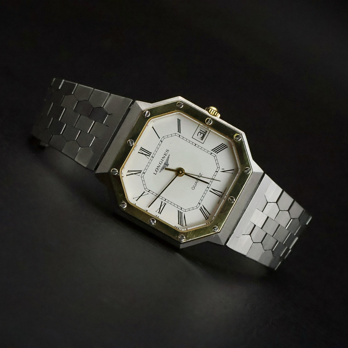 Longines Quartz | Octagonal Two-Tone | White Roman Dial | Integrated Bracelet, view 16