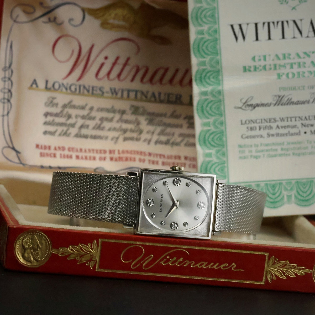 Longines Diamond Dial | White Gold Filled Square | Kestenmade Mesh | Wittnauer Box and Guarantee, view 5