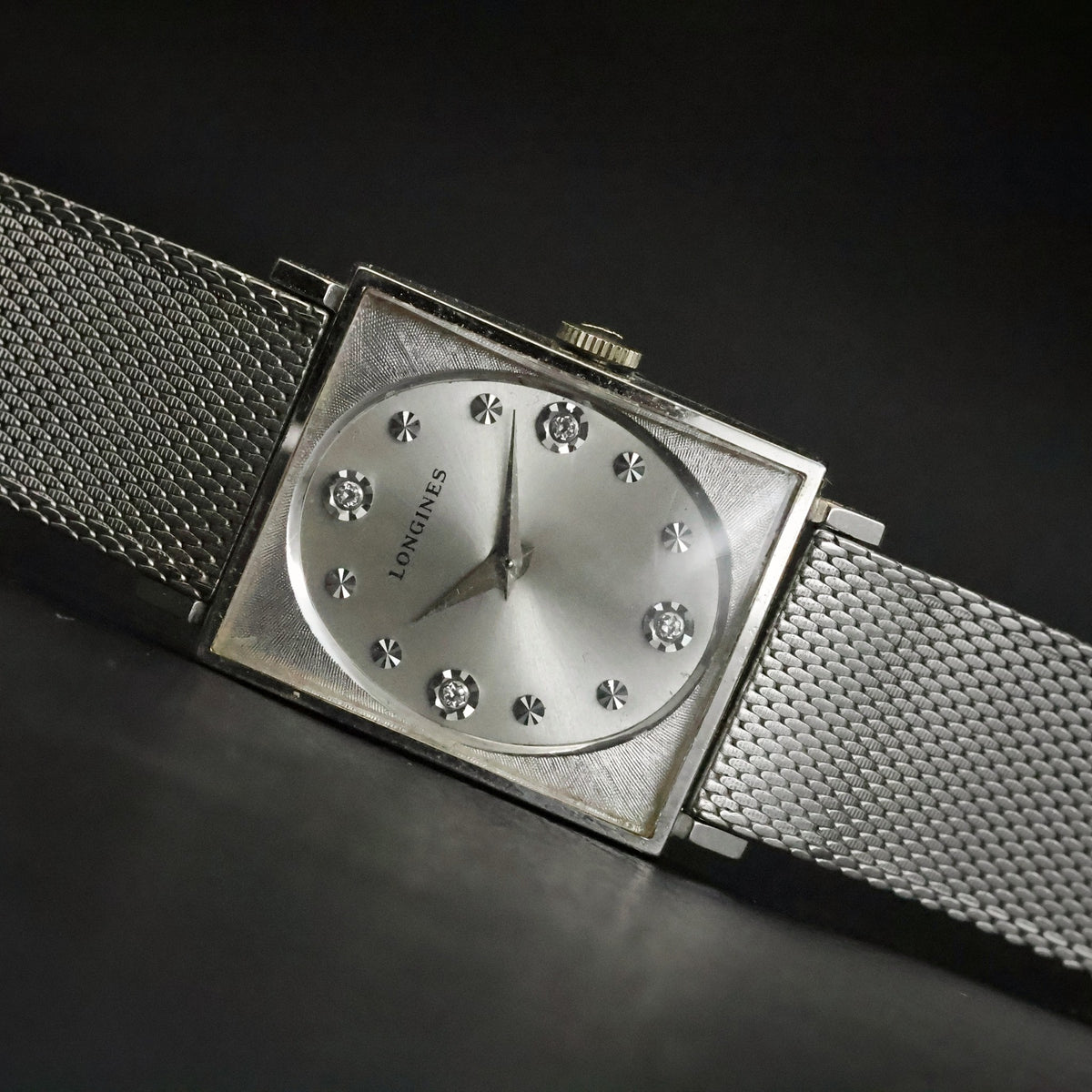 Longines Diamond Dial | White Gold Filled Square | Kestenmade Mesh | Wittnauer Box and Guarantee, view 15
