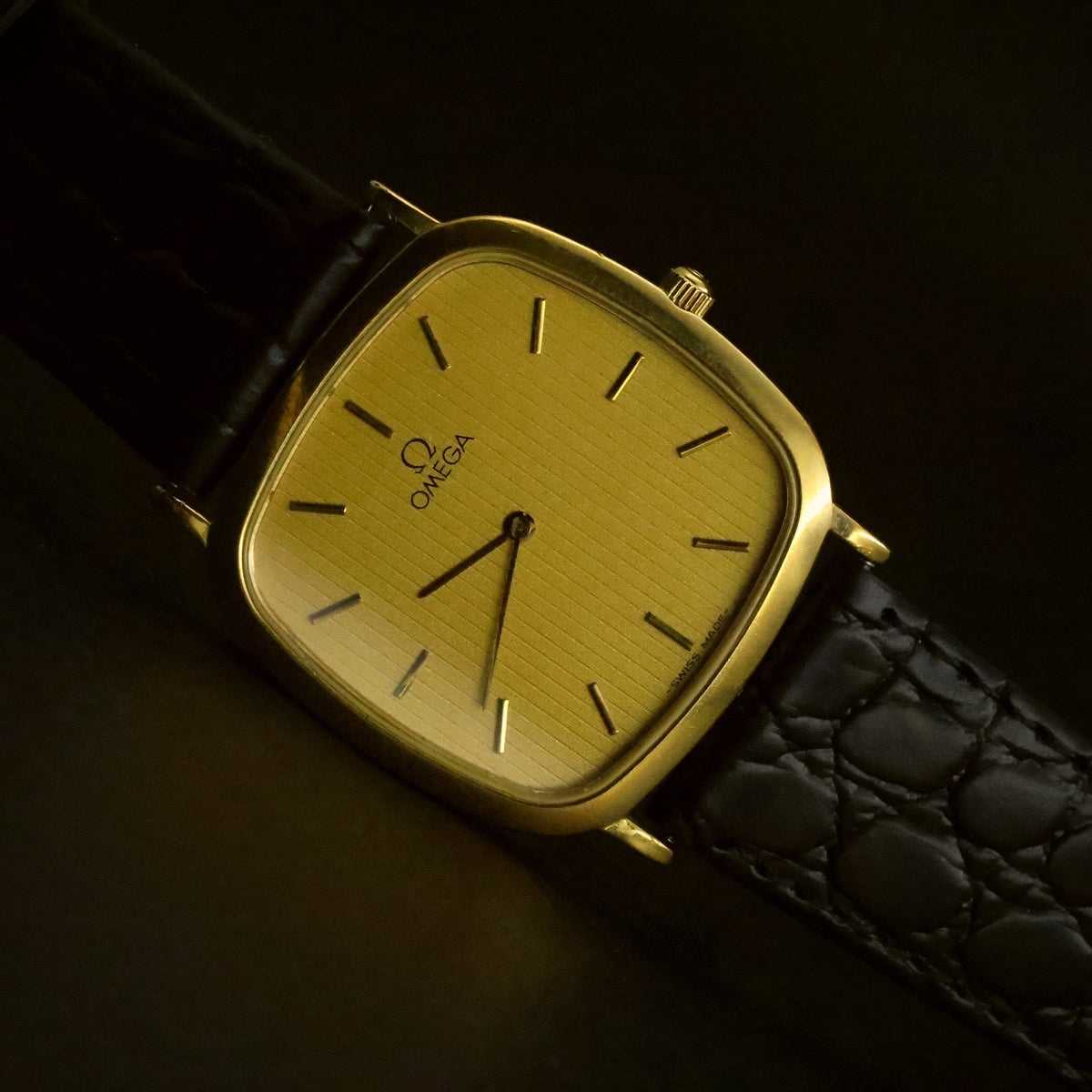 Omega De Ville Quartz | Champagne Striped Dial | Gold Plated Cushion | Two Hands, view 4