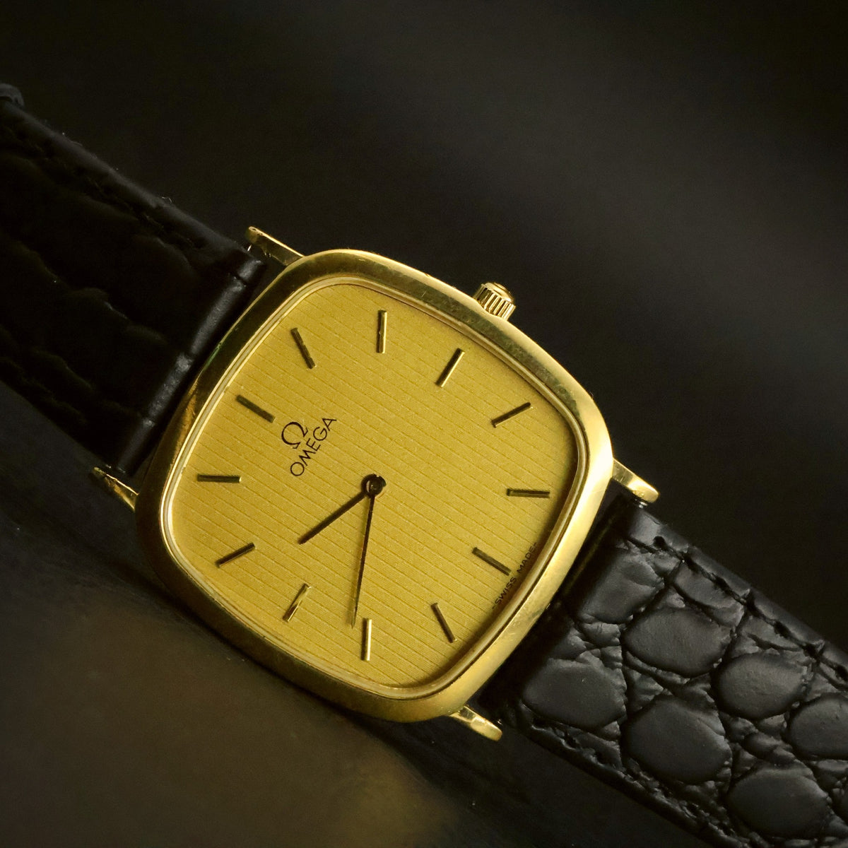Omega De Ville Quartz | Champagne Striped Dial | Gold Plated Cushion | Two Hands, view 5