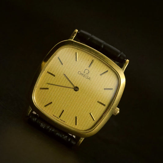 Omega De Ville Quartz | Champagne Striped Dial | Gold Plated Cushion | Two Hands, view 10