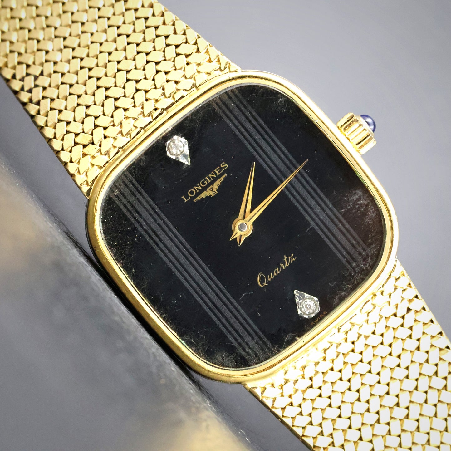 Longines Black Diamond Dial Gold Mesh Watch