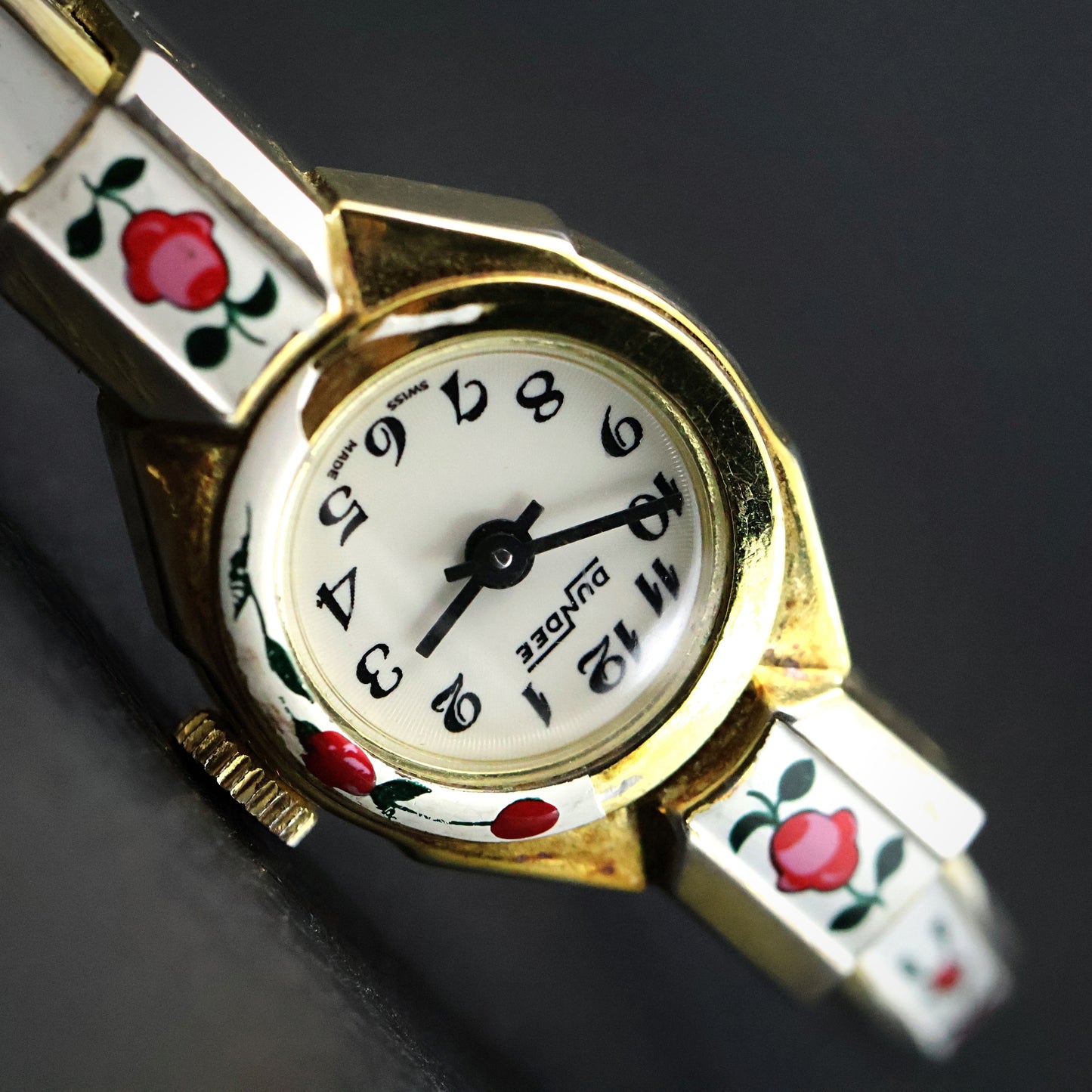 Dundee Swiss Hand-Painted Rose Enamel Bangle Watch