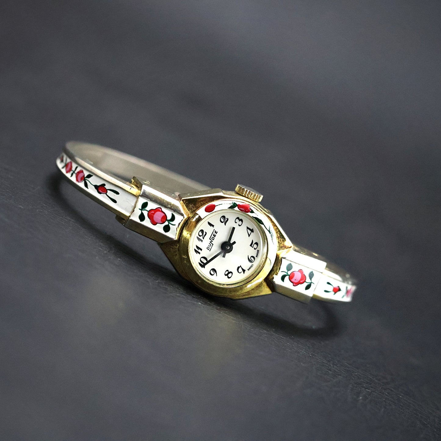Dundee Swiss Hand-Painted Rose Enamel Bangle Watch