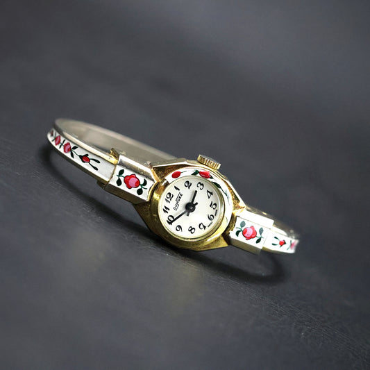 Dundee Swiss Hand-Painted Rose Enamel Bangle Watch