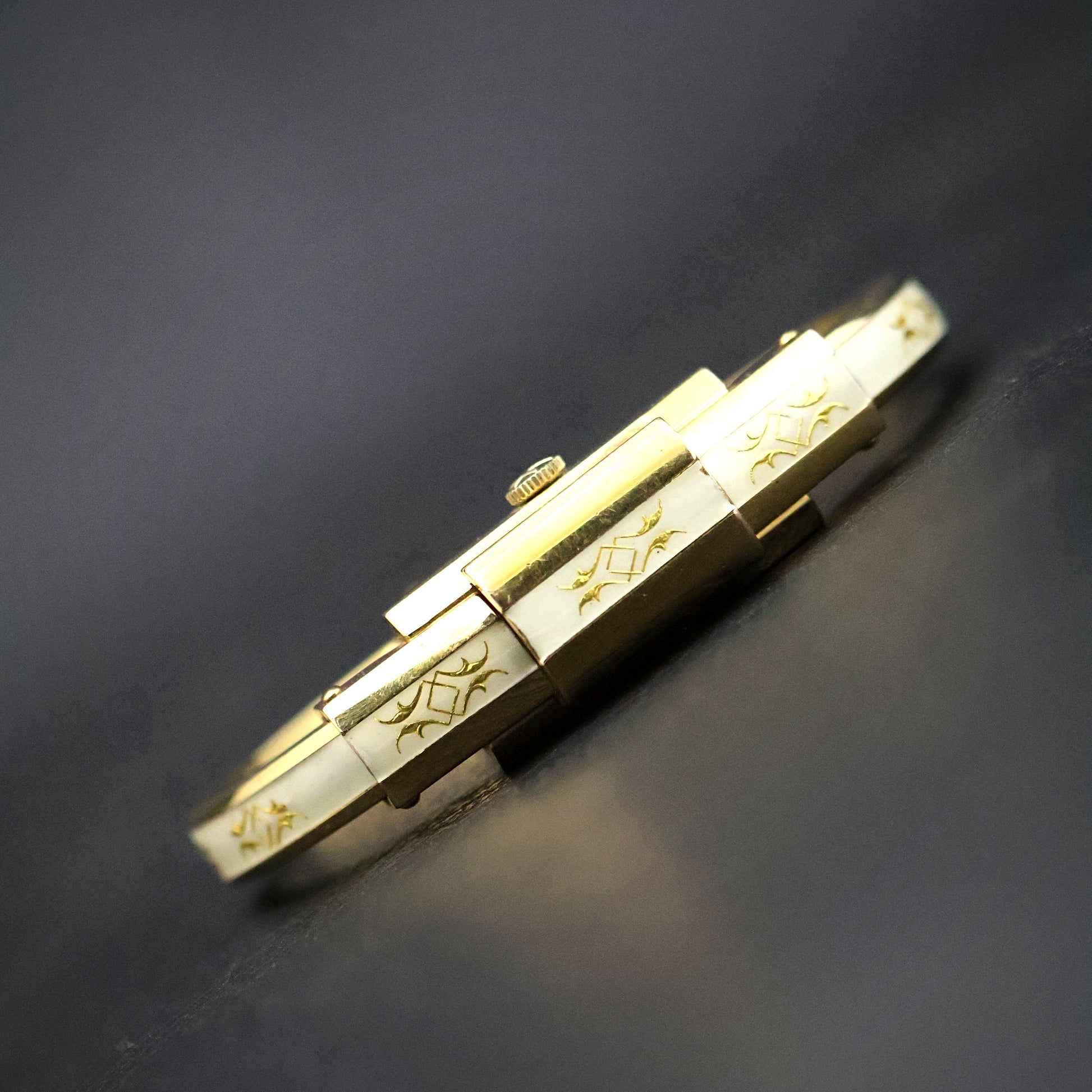 Huguenin White Enamel Gold Scroll Bangle Watch