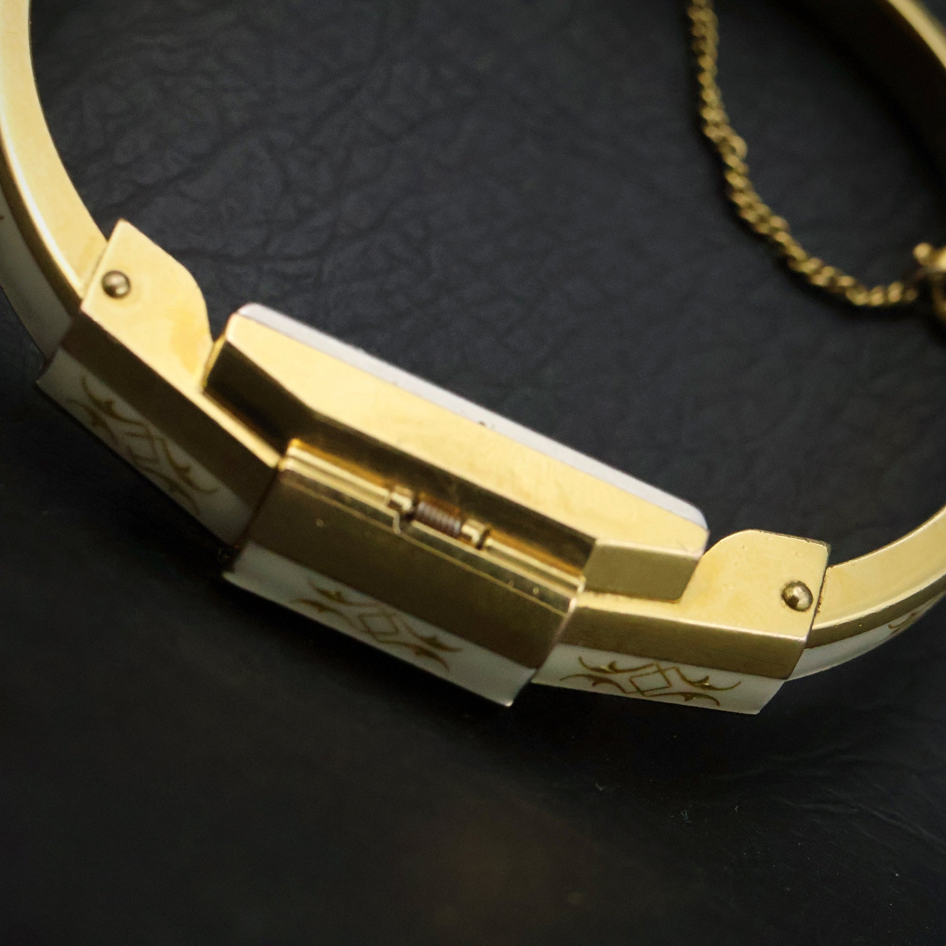 Huguenin White Enamel Gold Scroll Bangle Watch