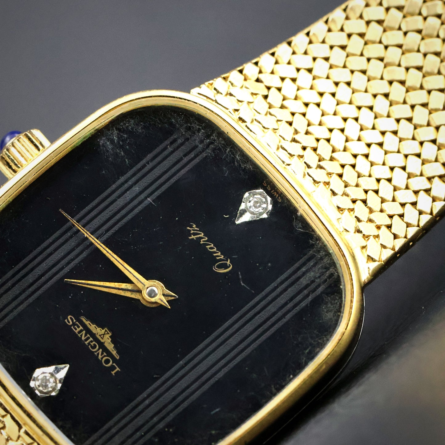 Longines Black Diamond Dial Gold Mesh Watch