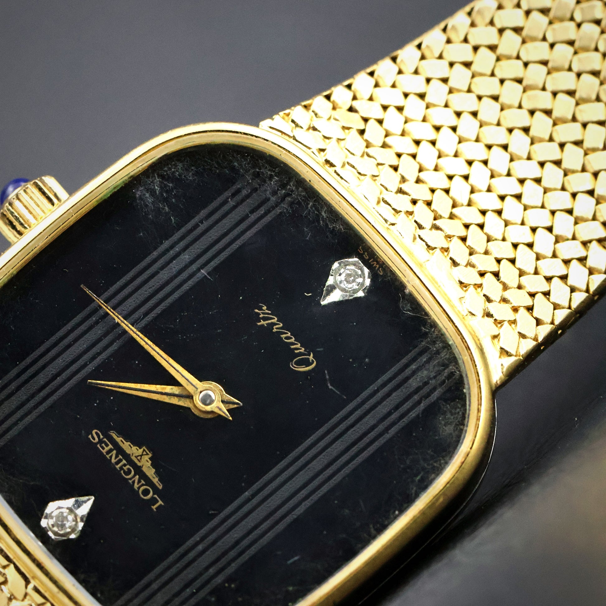 Longines Black Diamond Dial Gold Mesh Watch