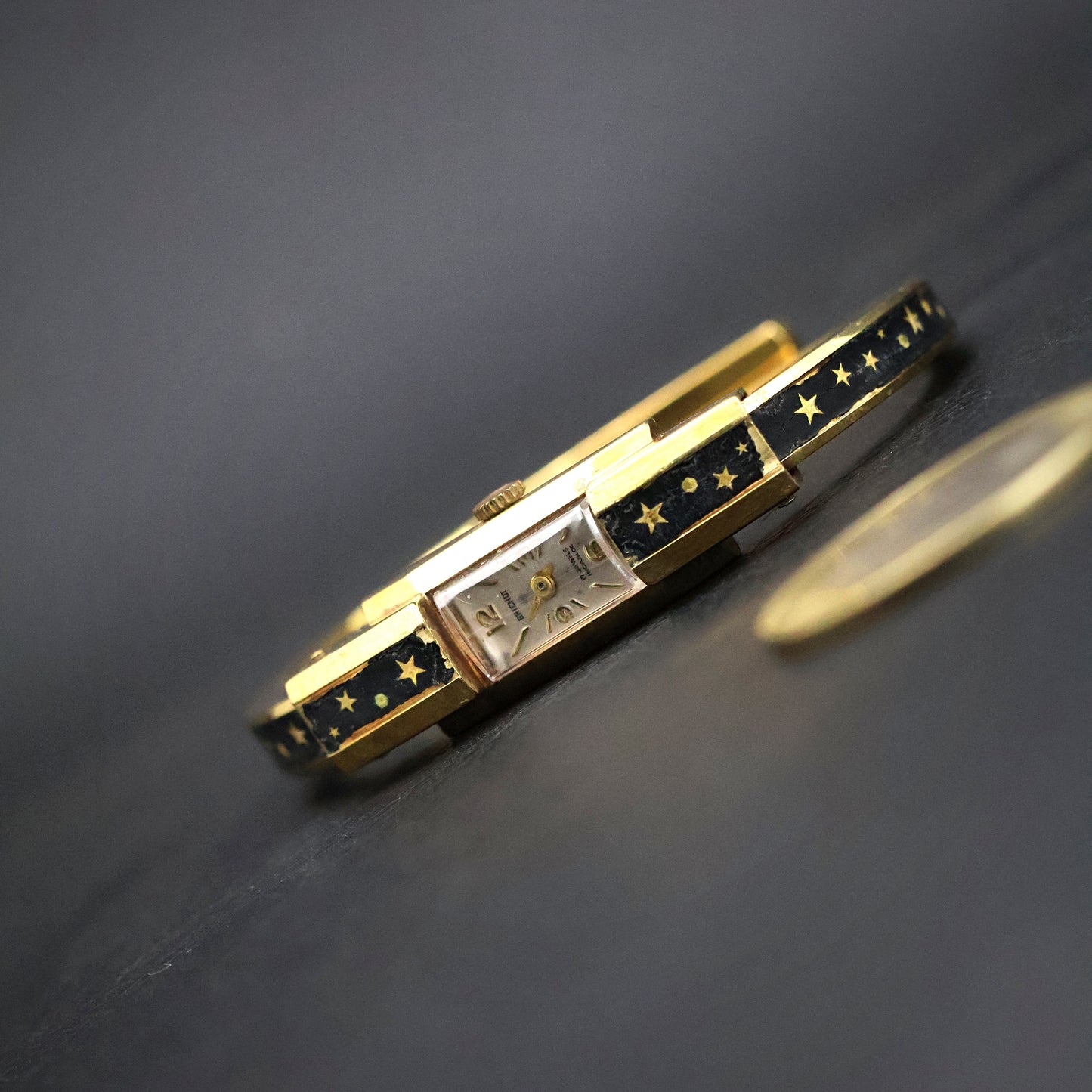 Vintage Swiss Black Enamel Star-Pattern Bangle Watch