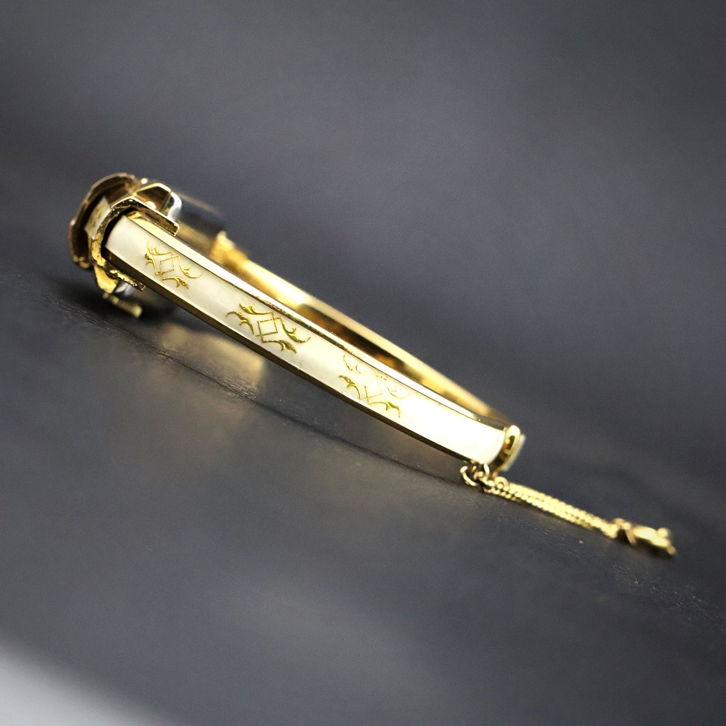 Huguenin White Enamel Gold Scroll Bangle Watch